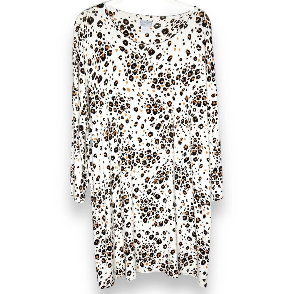 Chico's Touch Of Cool Desert Cat Animal Print Wedge Tunic Top Size 2/ Large